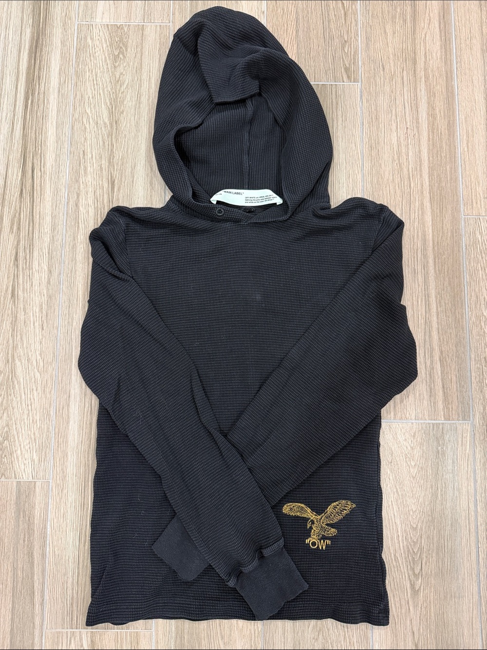 Off-White Black Waffle-Knit Hooded Zip Sweater with Gold Eagle